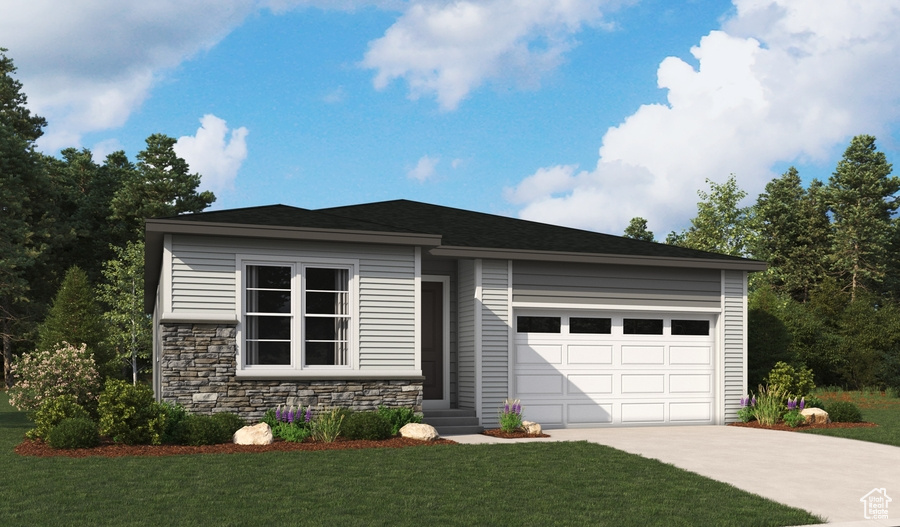 Prairie-style home featuring driveway, a front lawn, a garage, and stone siding