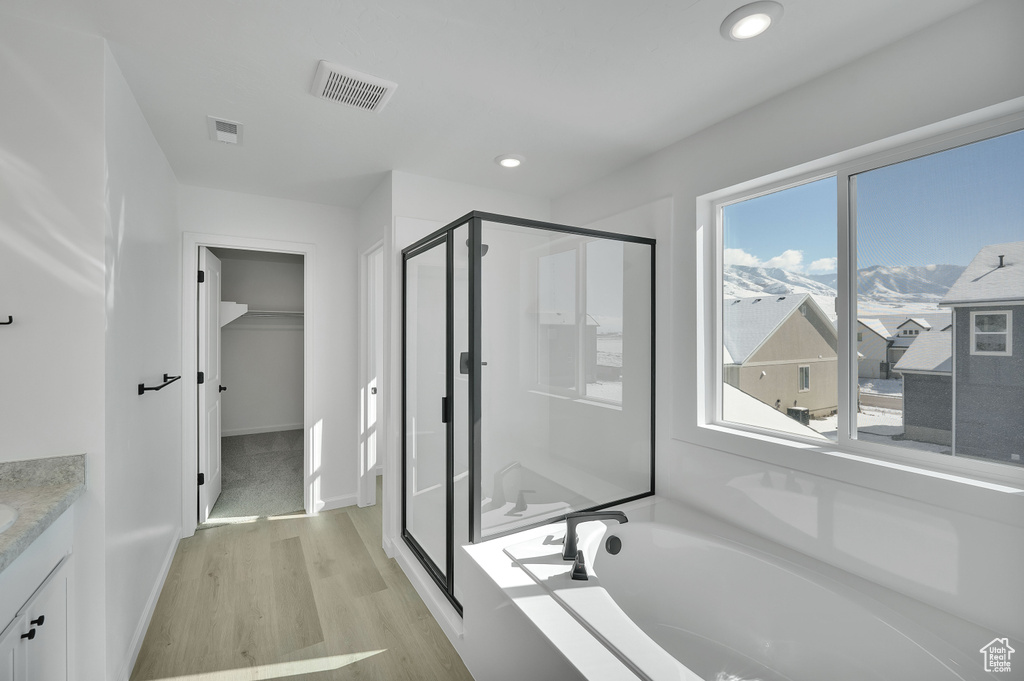 Full bath featuring a stall shower, a garden tub, vanity, wood finished floors, and baseboards