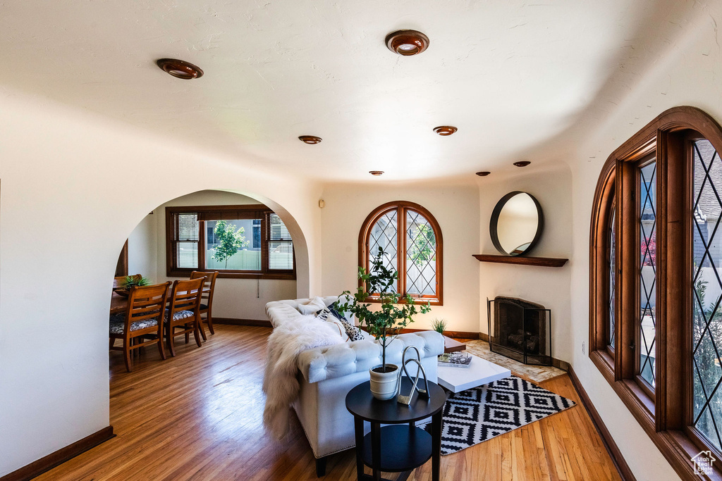 Living area featuring healthy amount of natural light, wood finished floors, baseboards, and arched walkways