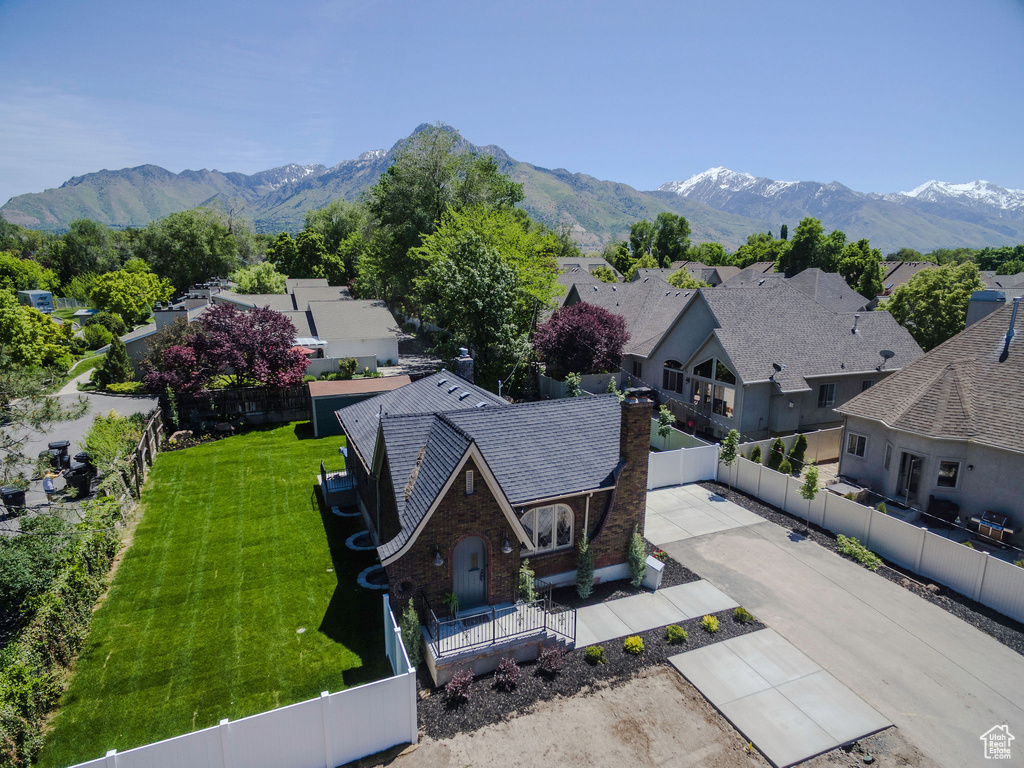 Aerial view of residential area with mountains
