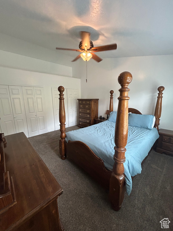 Bedroom featuring carpet floors, ceiling fan, and a closet