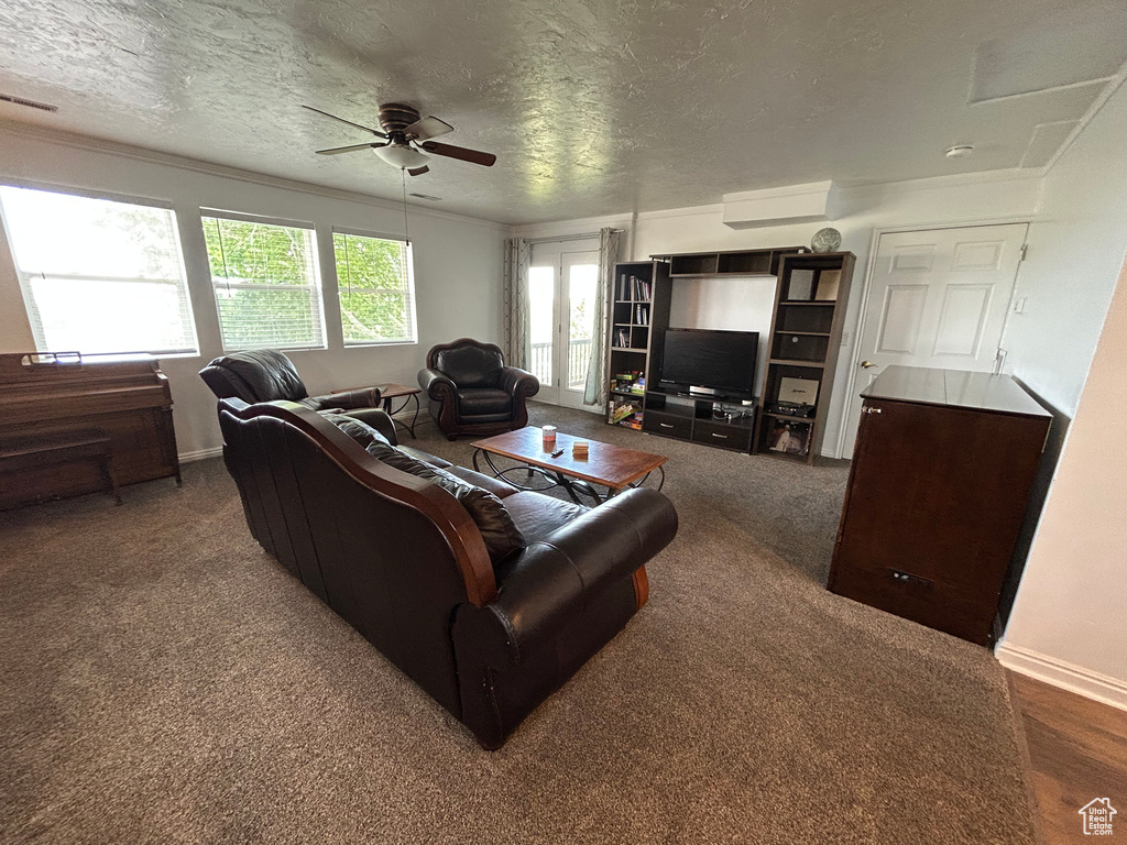 Carpeted living room featuring ceiling fan, baseboards, a textured ceiling, and ornamental molding