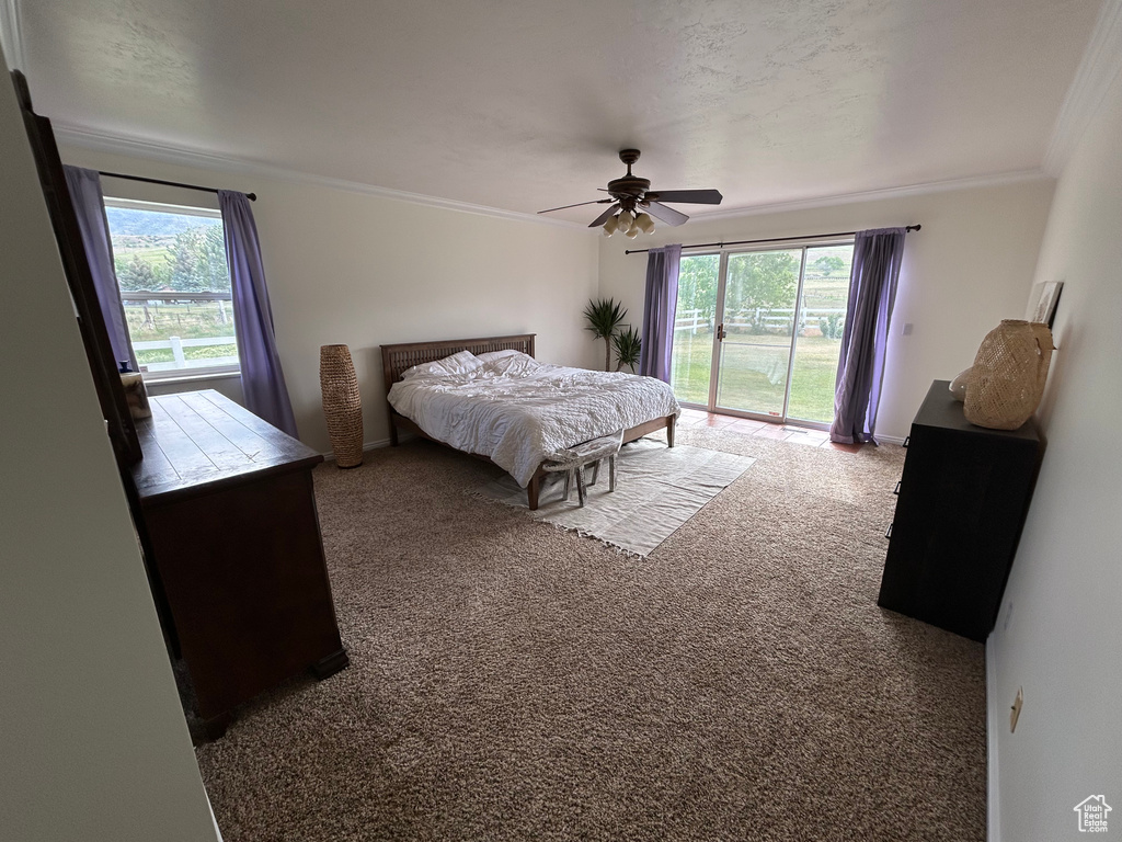 Bedroom with access to exterior, carpet, ornamental molding, and ceiling fan