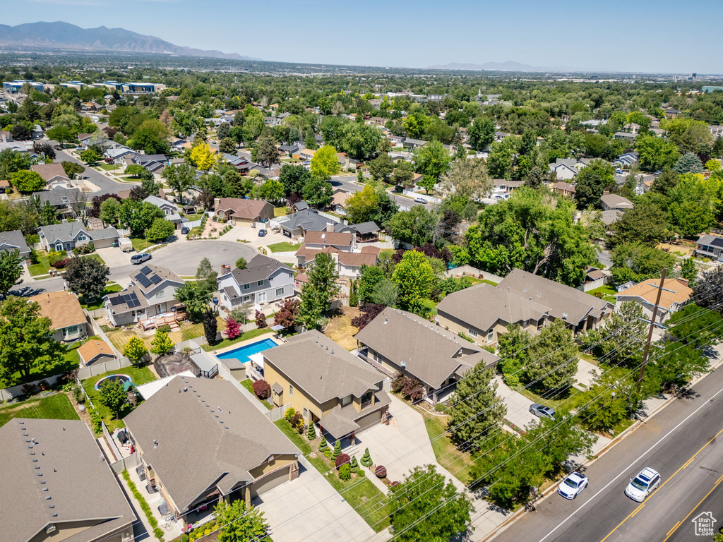 Aerial view of mountains and a pool area