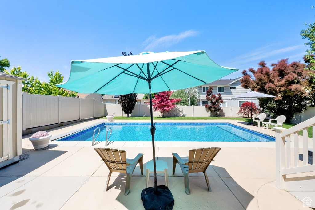 View of swimming pool featuring a patio area and a fenced backyard