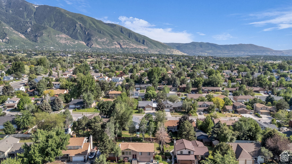 Aerial view of residential area with a mountain backdrop