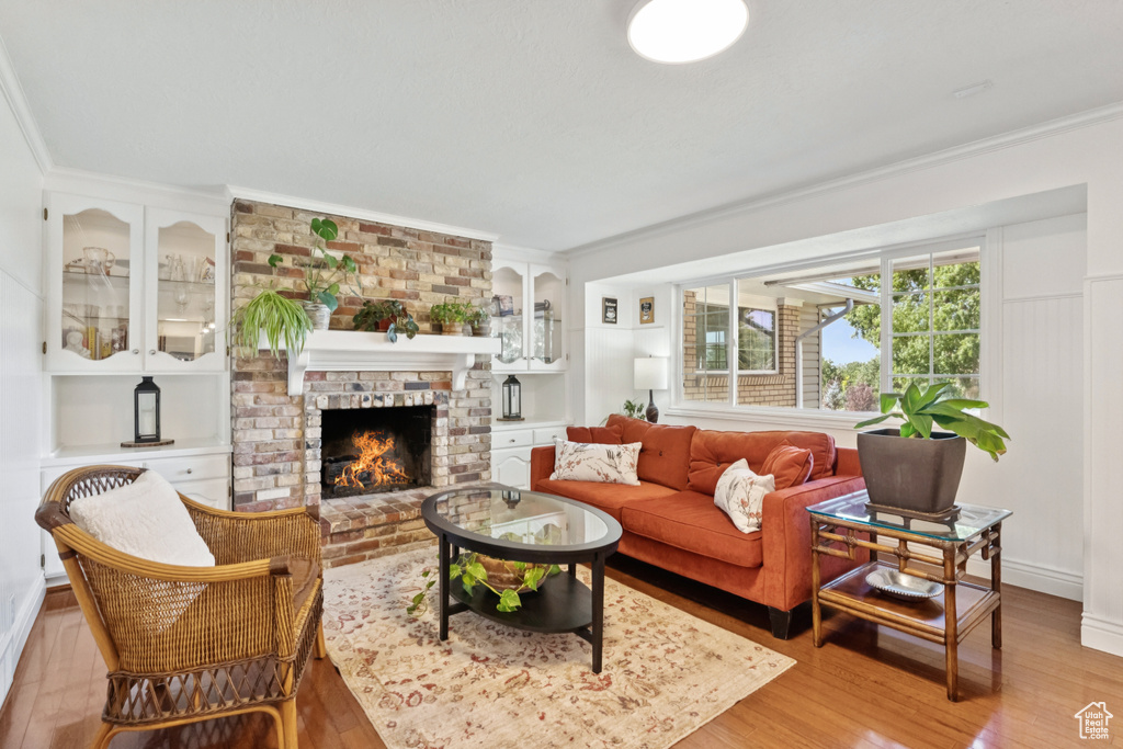 Living room with crown molding, wood finished floors, and a fireplace