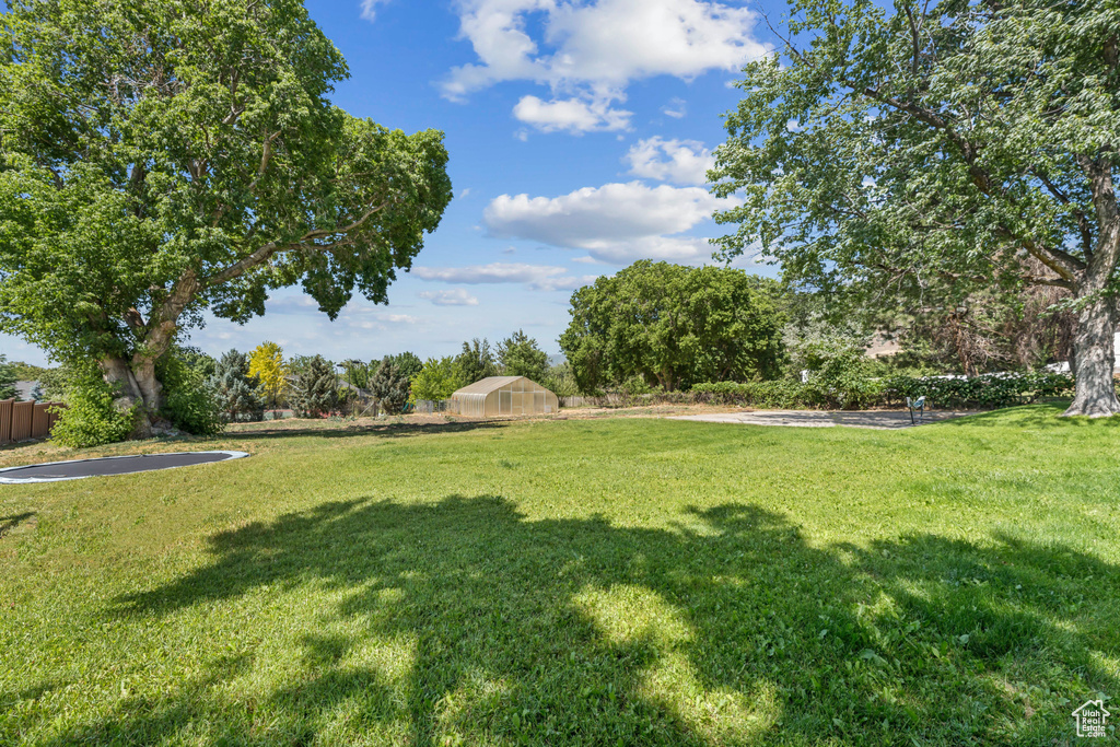 View of green lawn featuring an exterior structure and an outbuilding