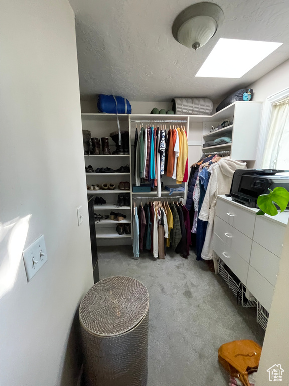 Walk in closet featuring carpet floors and a skylight