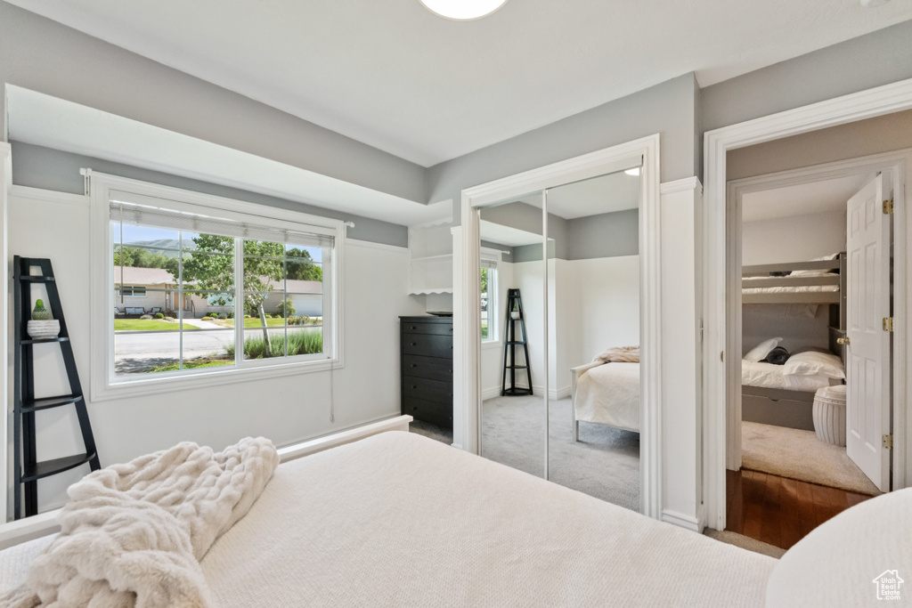 Carpeted bedroom with a closet