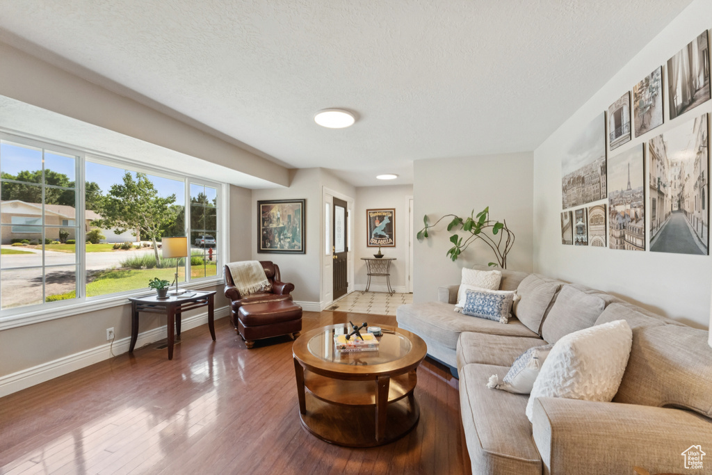 Living area featuring wood-type flooring and a textured ceiling