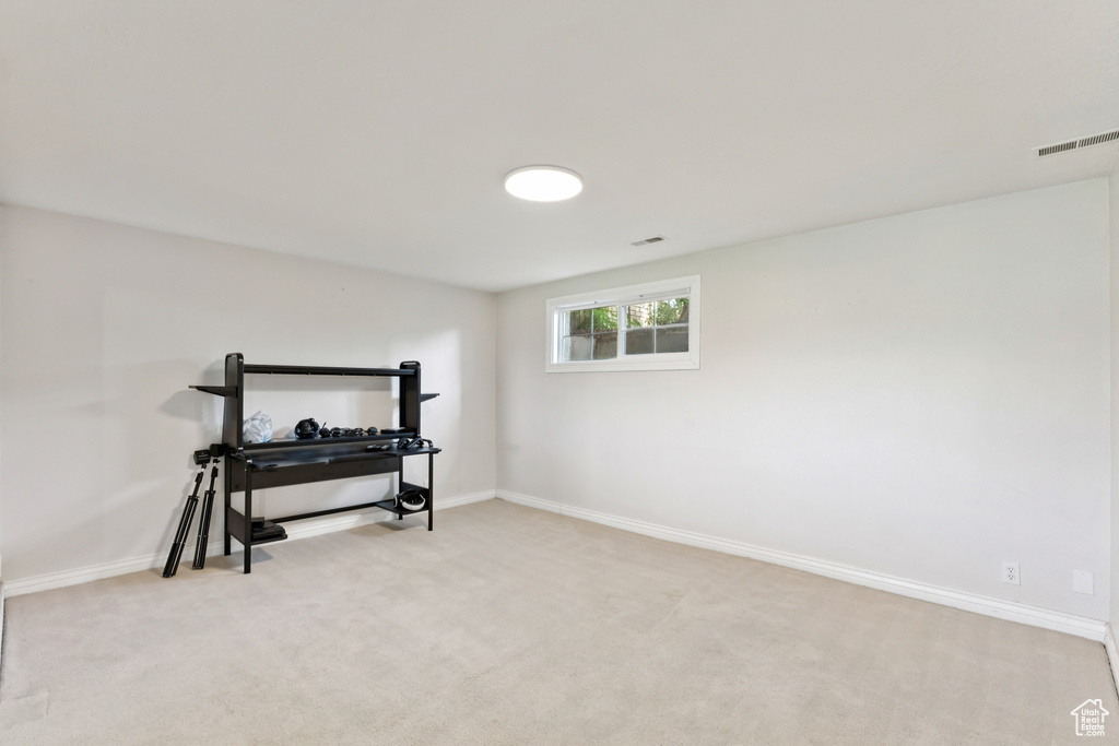 Below grade area with light colored carpet and baseboards