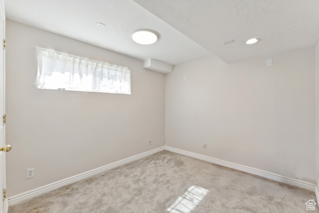 Basement featuring carpet floors and a textured ceiling