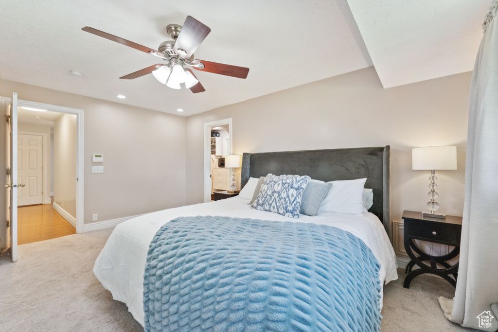 Bedroom featuring carpet, recessed lighting, and ceiling fan