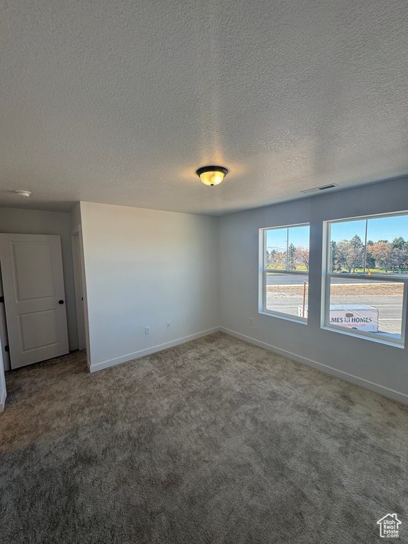 Carpeted empty room featuring a textured ceiling and baseboards