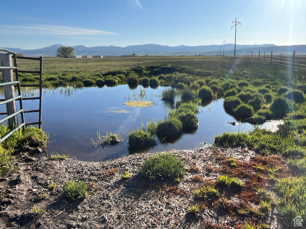 Water view with a mountainous background and rural landscape