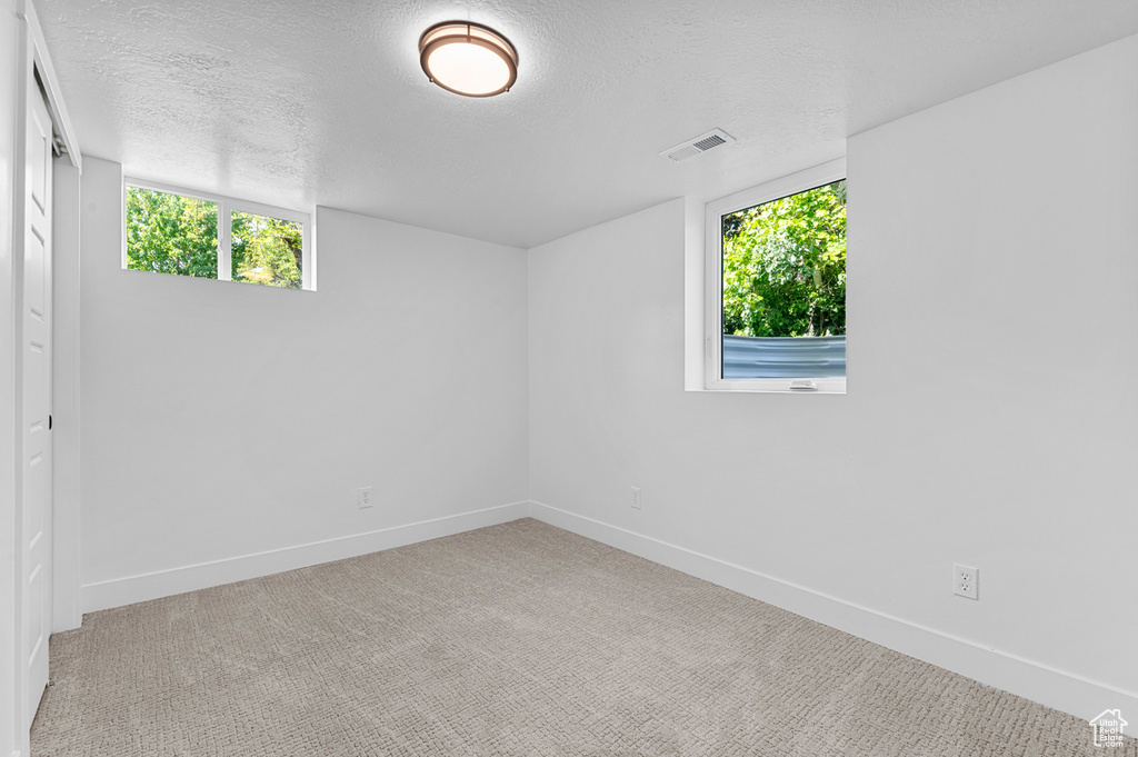 Carpeted spare room featuring a textured ceiling, baseboards, and healthy amount of natural light