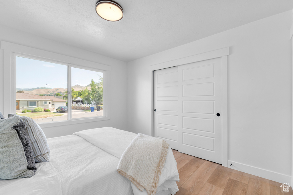 Bedroom with light wood-style flooring, a closet, and baseboards