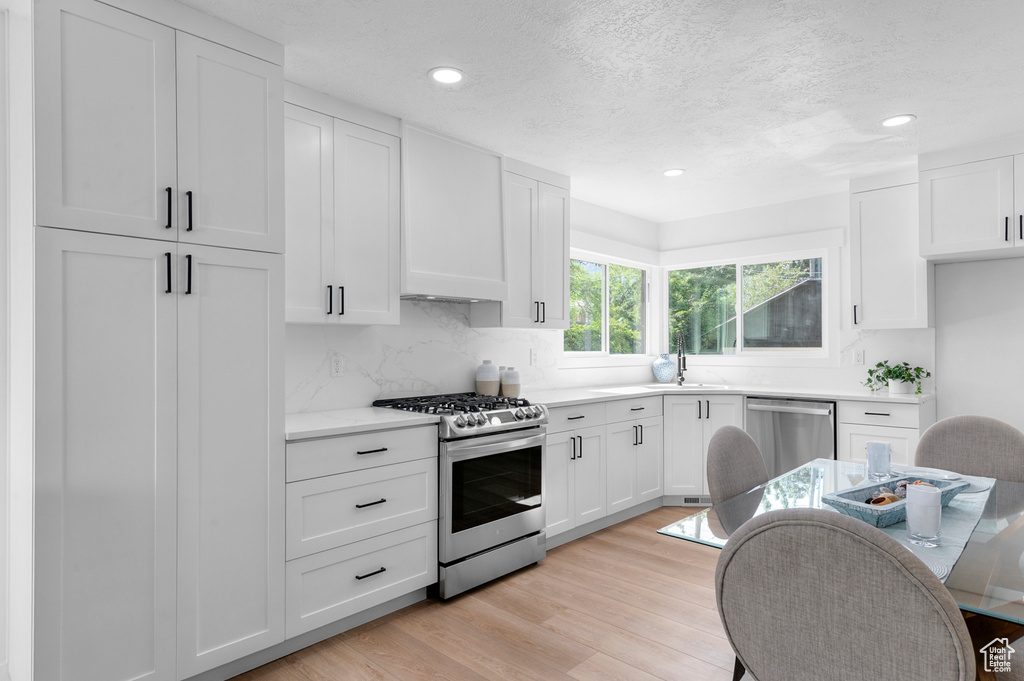Kitchen featuring appliances with stainless steel finishes, tasteful backsplash, light countertops, white cabinets, and recessed lighting