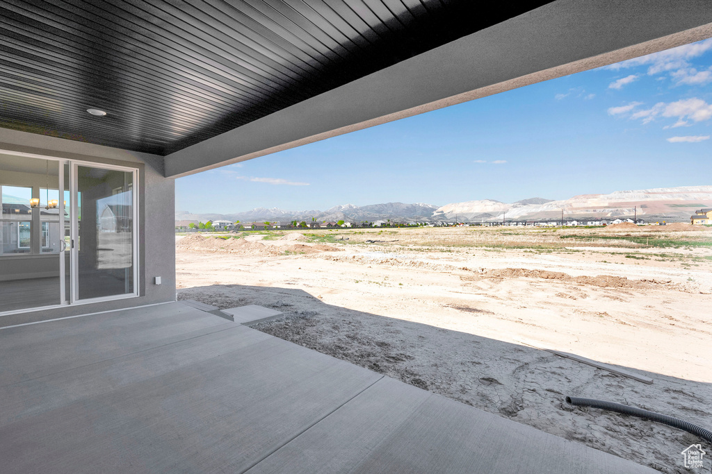 View of patio featuring a mountain view