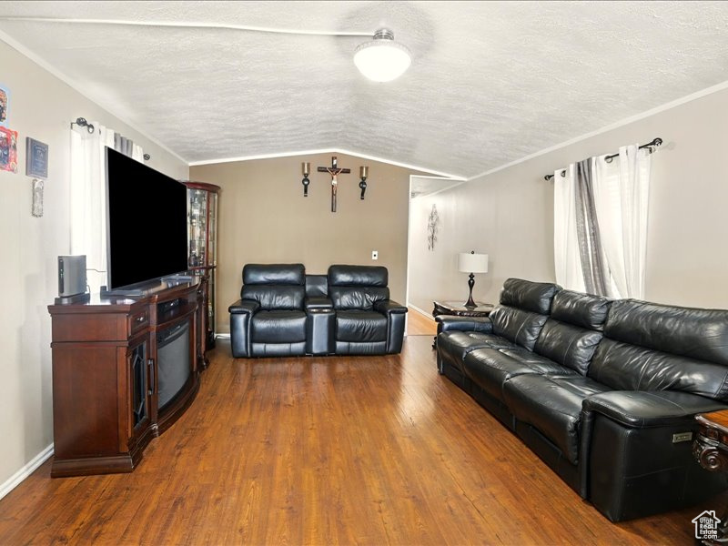 Living room featuring wood finished floors, vaulted ceiling, baseboards, and a textured ceiling