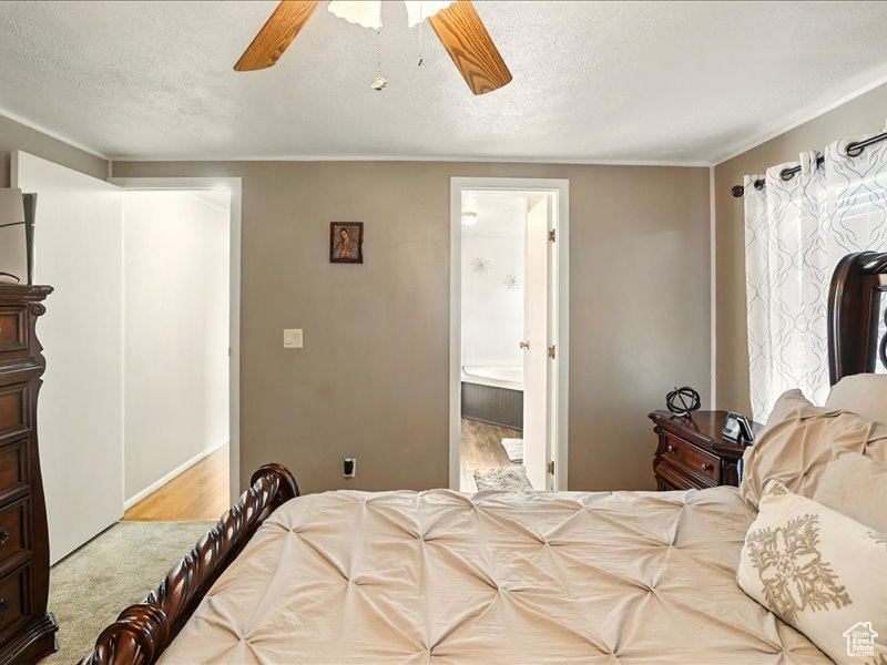 Bedroom featuring ceiling fan, ensuite bathroom, and wood finished floors