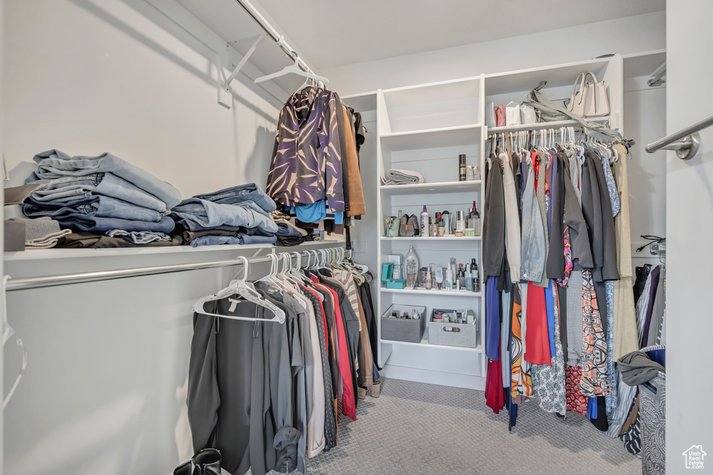 Walk in closet with carpet flooring