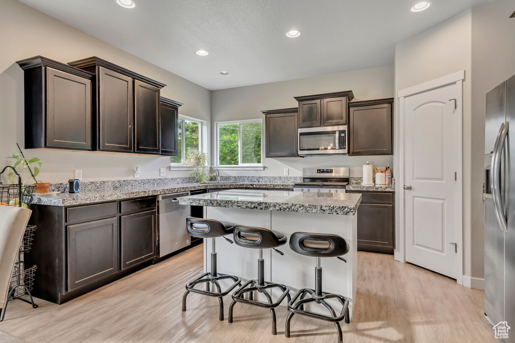 Kitchen with stainless steel appliances, light wood-style flooring, dark brown cabinets, a kitchen island, and recessed lighting