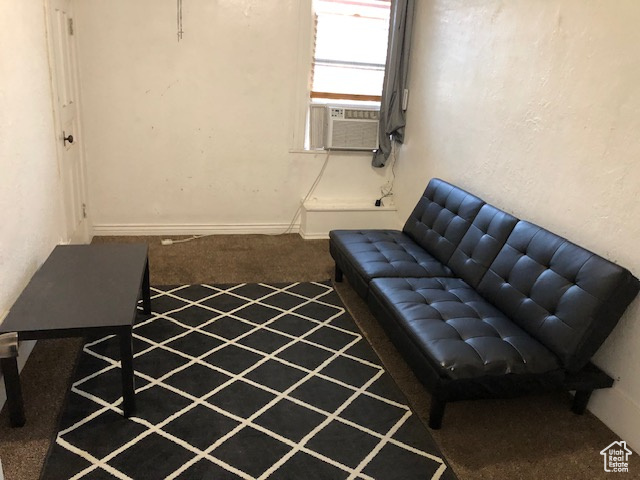 Living area with carpet floors and cooling unit