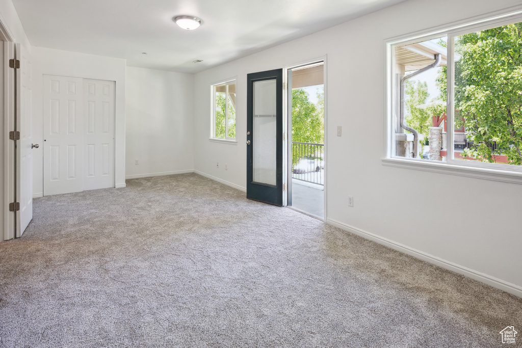 Unfurnished bedroom featuring access to exterior, multiple windows, and carpet flooring