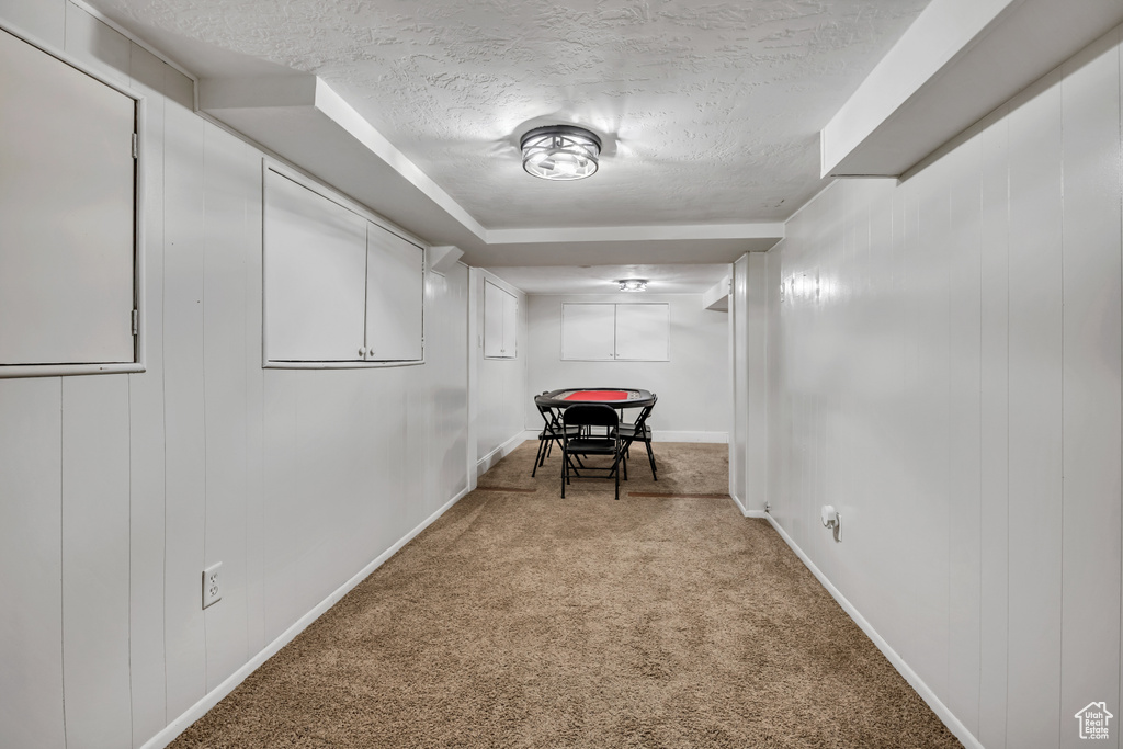 Finished below grade area featuring carpet flooring, a textured ceiling, and baseboards