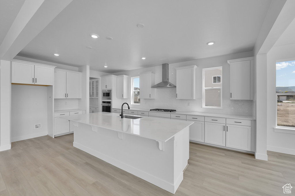 Kitchen featuring wall chimney exhaust hood, a sink, stainless steel appliances, light wood-style flooring, and recessed lighting