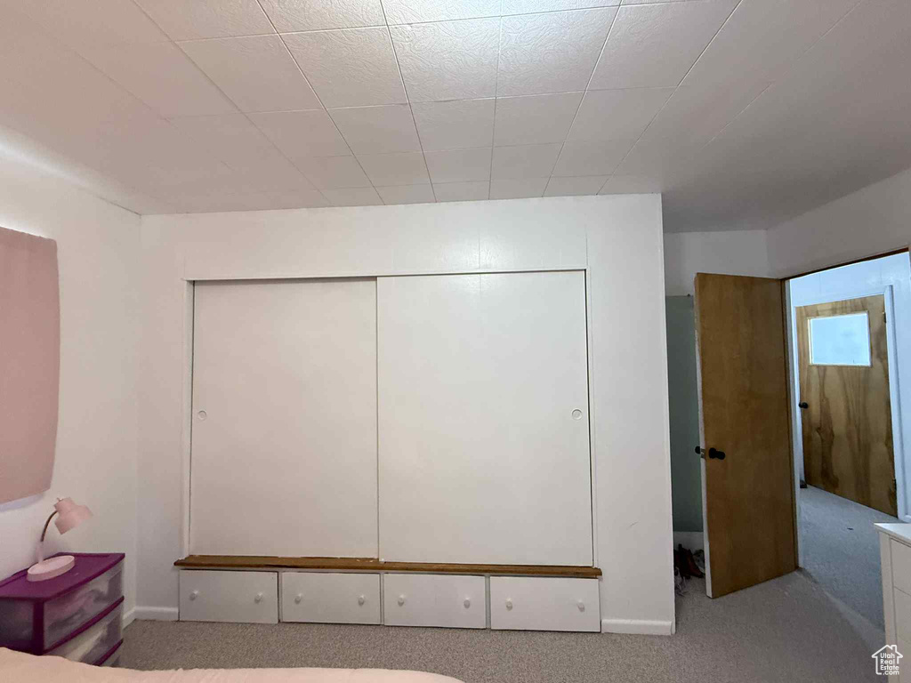 Unfurnished bedroom featuring carpet flooring and a closet