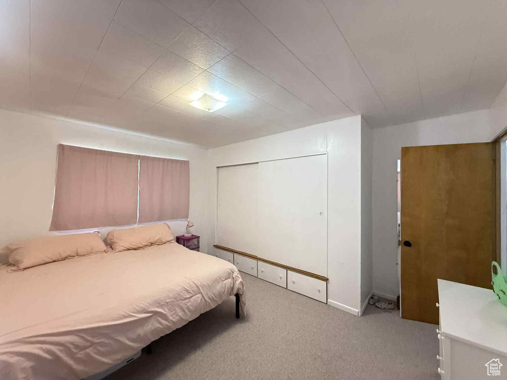 Carpeted bedroom with a closet