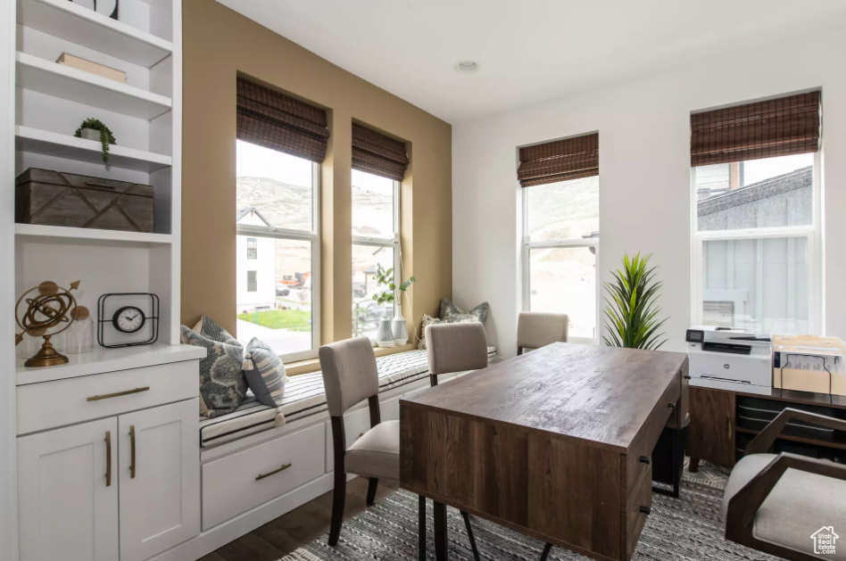 Office featuring healthy amount of natural light and dark wood-style flooring
