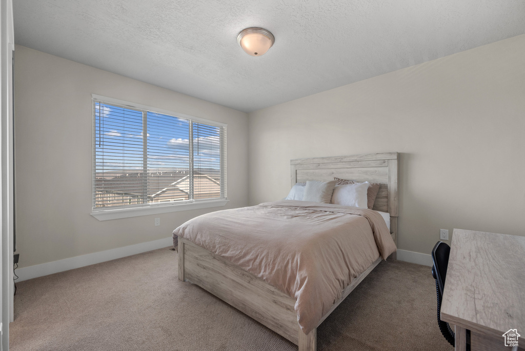 Bedroom with carpet, baseboards, and a textured ceiling