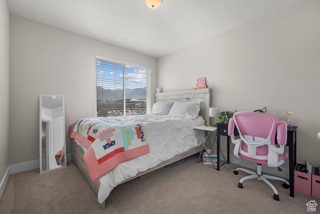 Bedroom featuring carpet floors and a textured ceiling