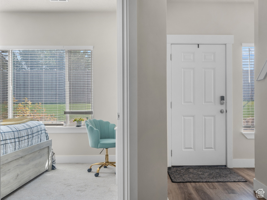 Foyer with plenty of natural light, baseboards, and wood finished floors