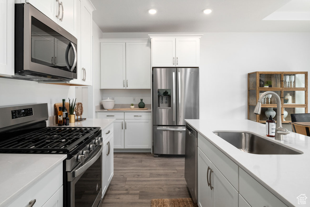 Kitchen with stainless steel appliances, a sink, recessed lighting, dark wood-style flooring, and light countertops