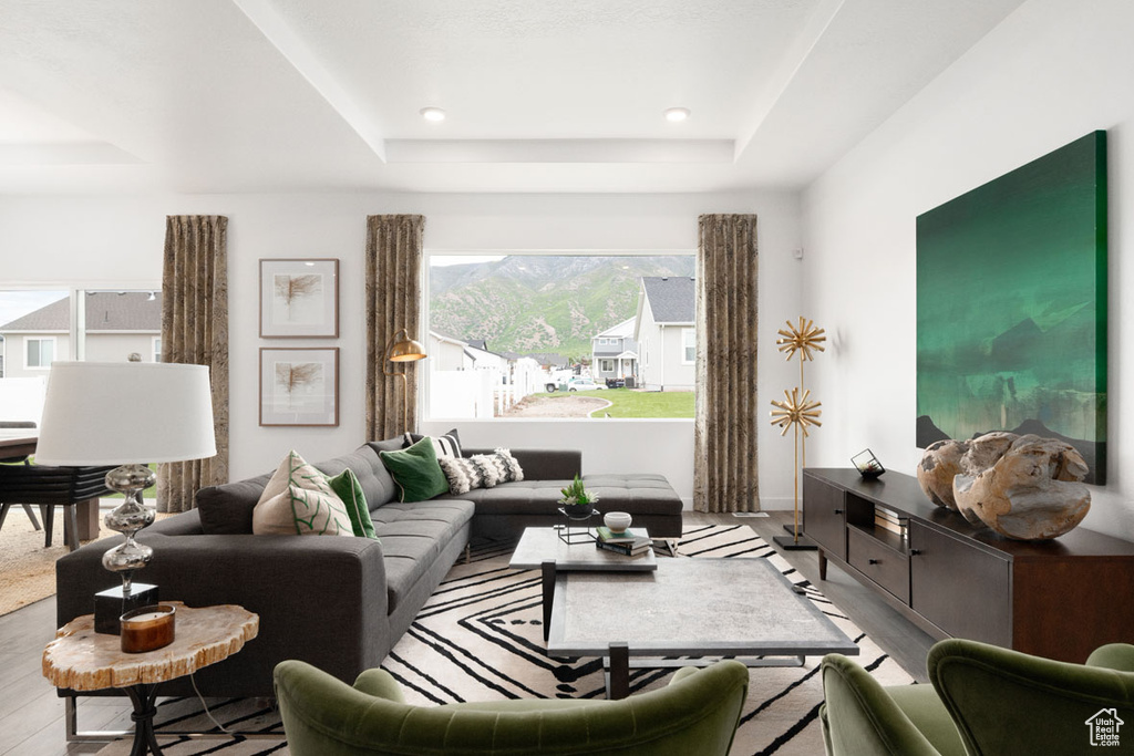 Living room with wood finished floors, a tray ceiling, and recessed lighting