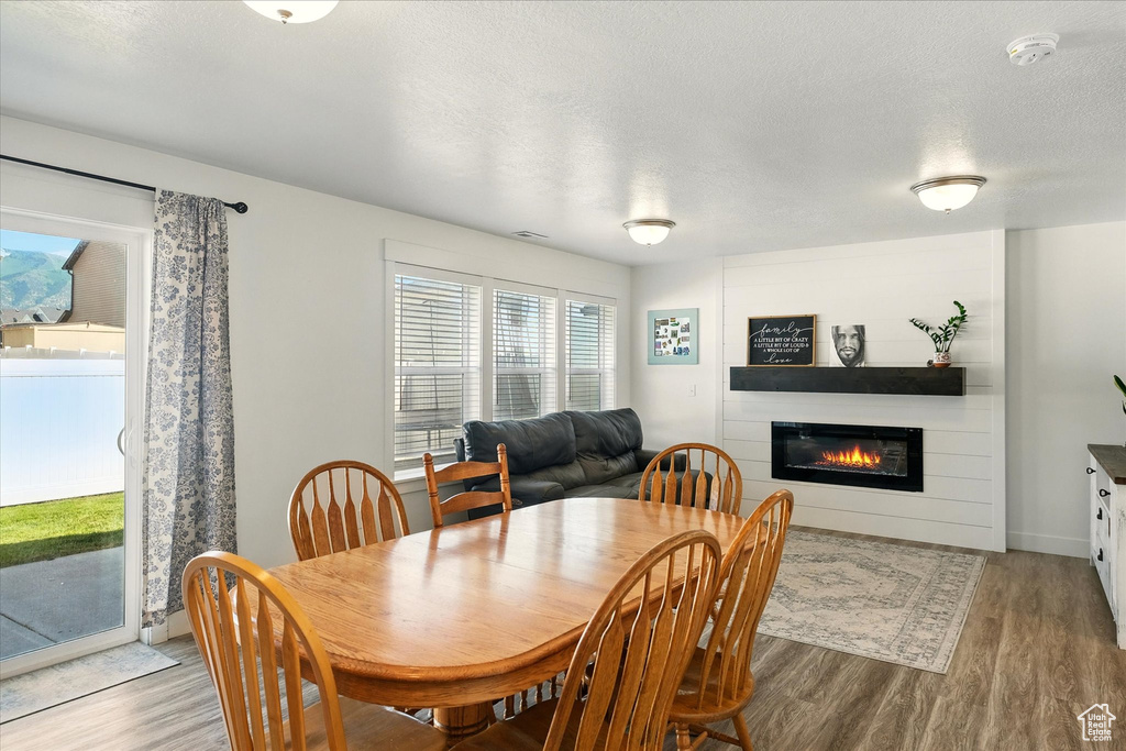 Dining space with wood finished floors, a fireplace, and a textured ceiling
