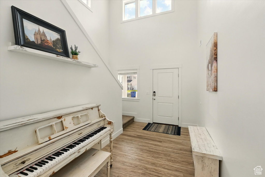 Foyer with a towering ceiling, plenty of natural light, wood finished floors, and baseboards