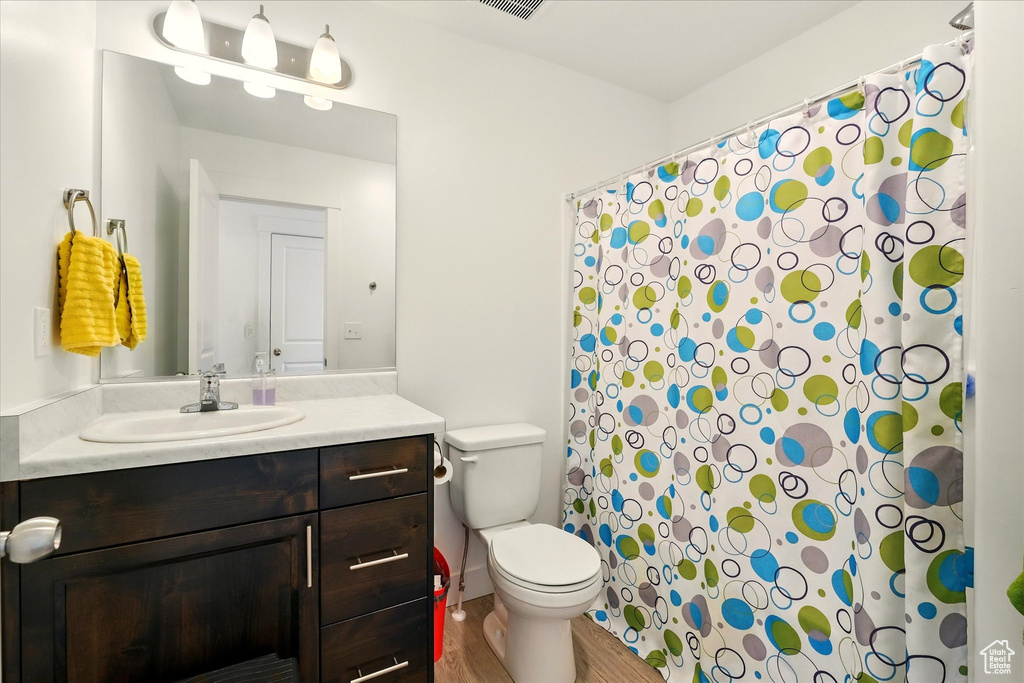 Bathroom featuring vanity, toilet, wood finished floors, and a shower with curtain