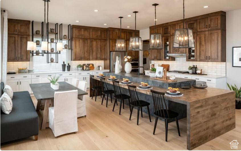 Kitchen featuring stainless steel appliances, backsplash, a spacious island, light wood finished floors, and recessed lighting