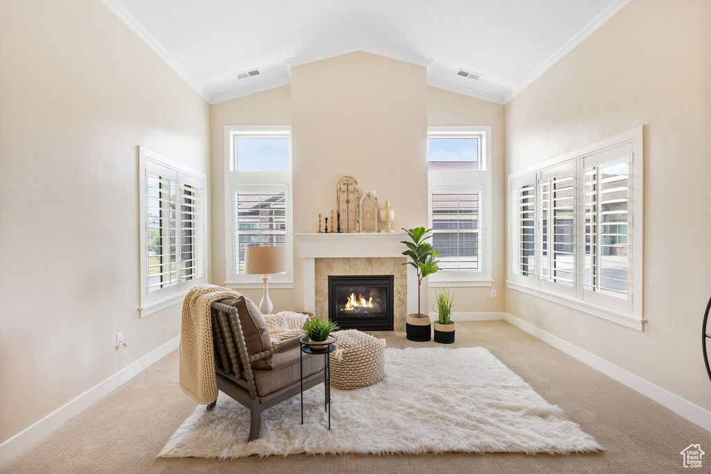 Sitting room with a tile fireplace, baseboards, ornamental molding, carpet, and high vaulted ceiling