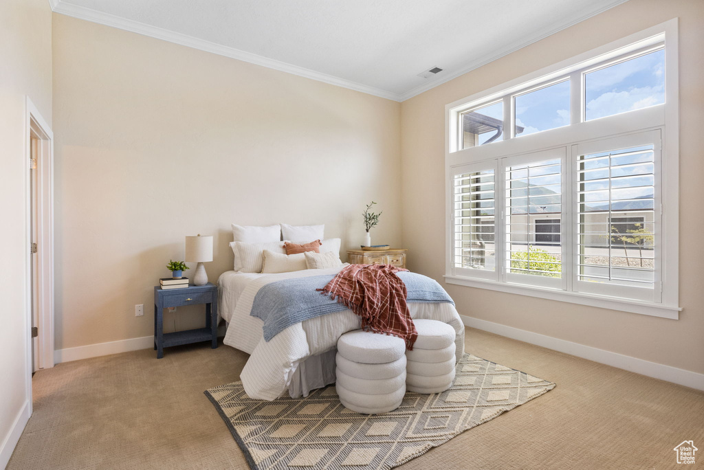 Bedroom with crown molding, light colored carpet, multiple windows, and baseboards