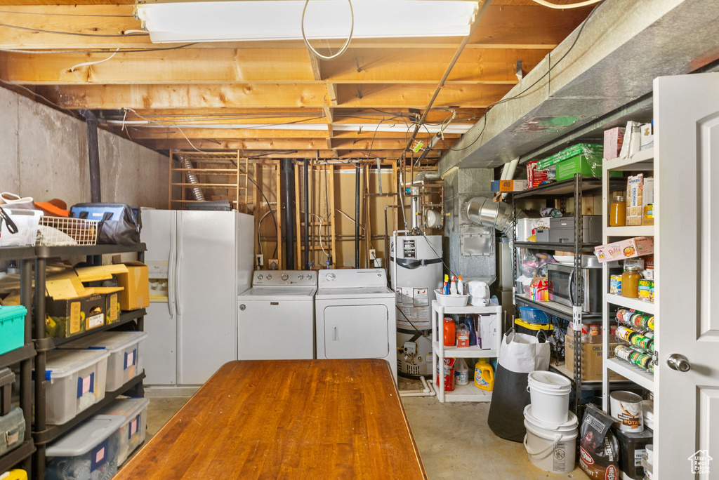 Unfinished below grade area with separate washer and dryer, gas water heater, and white refrigerator with ice dispenser