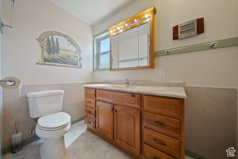 Bathroom featuring vanity, toilet, a wainscoted wall, and vaulted ceiling