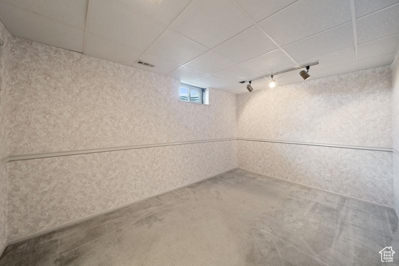 Basement with rail lighting, carpet flooring, and a drop ceiling