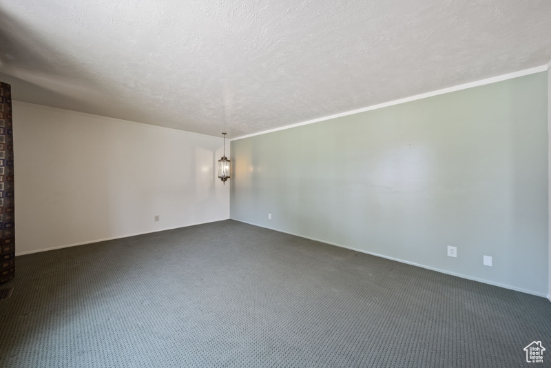 Spare room with a textured ceiling, baseboards, and dark carpet